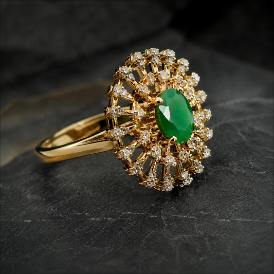 Luxury Emerald Halo Ring in Gold with Diamond Accents | Elegant Statement Jewelry