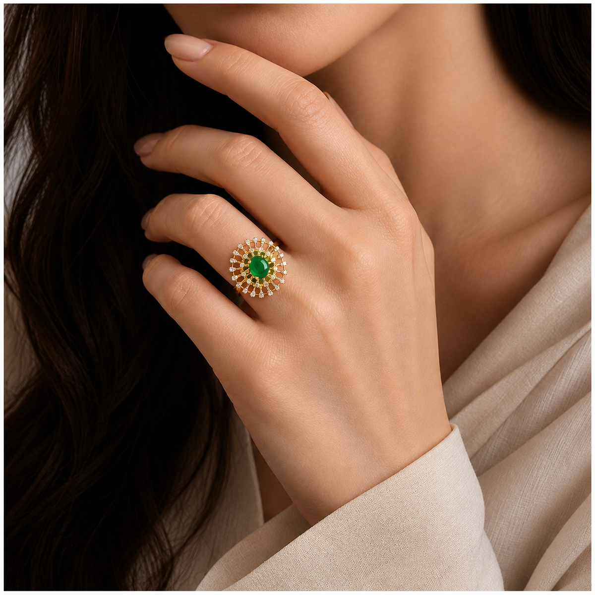 Gold-Toned Emerald Statement Ring with Sparkling AD Halo