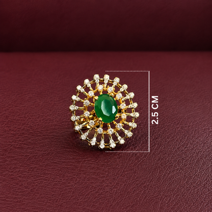 Gold-Toned Emerald Statement Ring with Sparkling AD Halo