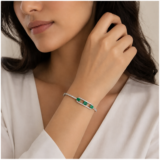 Emerald Green Cz Diamond Bracelet | Platinum finish