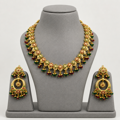 Traditional Jadau Necklace Set with Red & Green Stones and Pearls