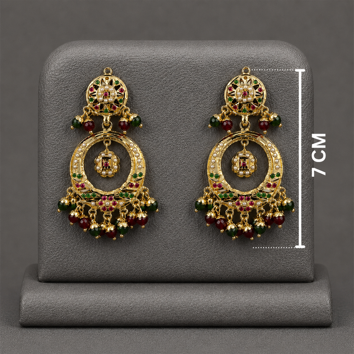 Traditional Jadau Necklace Set with Red & Green Stones and Pearls
