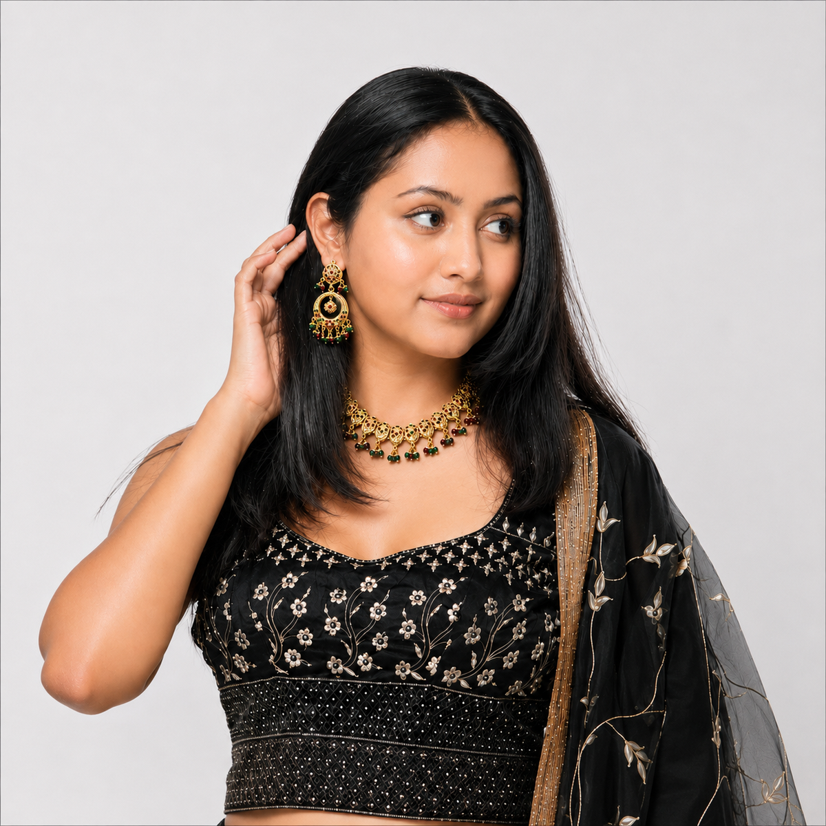Traditional Jadau Necklace Set with Red & Green Stones and Pearls