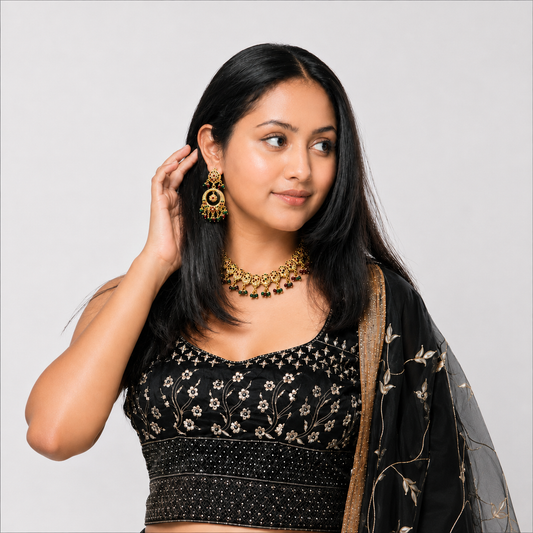 Traditional Jadau Necklace Set with Red & Green Stones and Pearl Embellishments