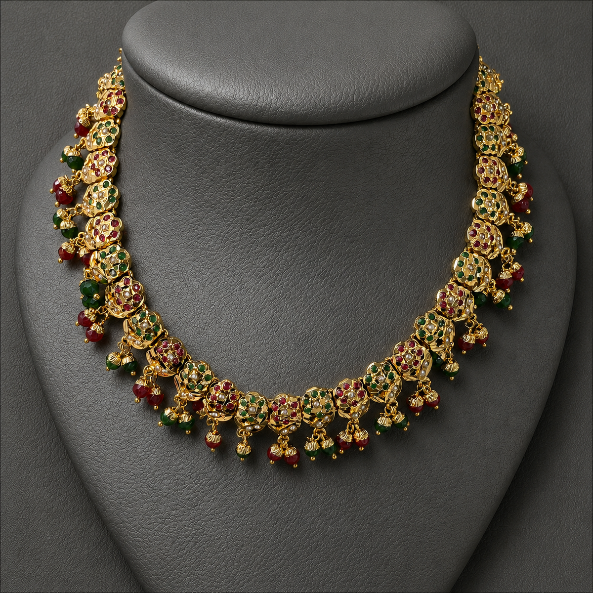 Traditional Jadau Necklace Set with Red & Green Stones and Pearls