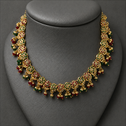 Traditional Jadau Necklace Set with Red & Green Stones and Pearls