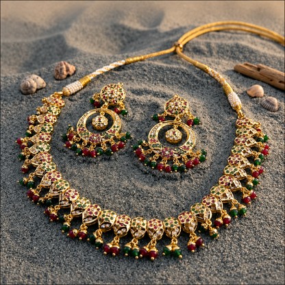 Traditional Jadau Necklace Set with Red & Green Stones and Pearls