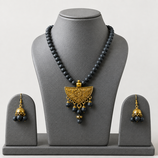 Handcrafted Black Lava Stone Necklace Set with Antique Gold Ethnic Pendant & Jhumkas