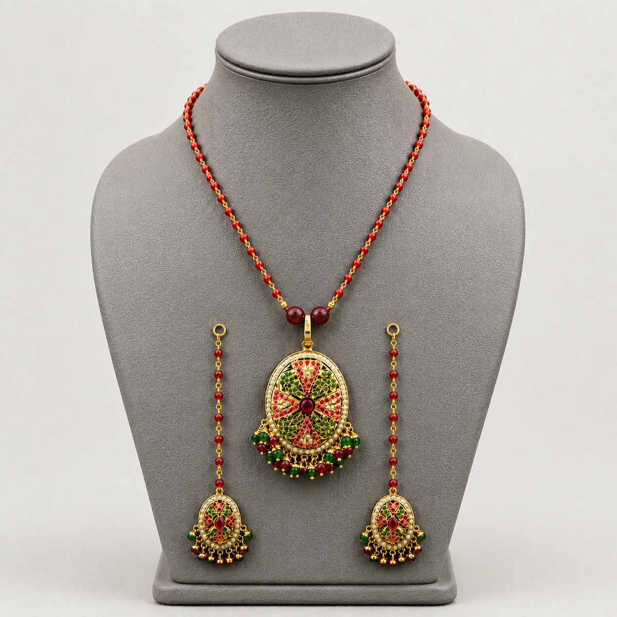 Traditional Jadau Pendant and Earring Set with Red Crystal Chain. Suitable for all occasions Wedding to daily wear