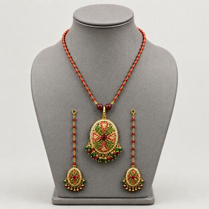 Traditional Jadau Pendant and Earring Set with Red Crystal Chain. Suitable for all occasions Wedding to daily wear