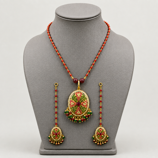 Traditional Jadau Pendant and Earring Set with Red Crystal Chain. Suitable for all occasions Wedding to daily wear