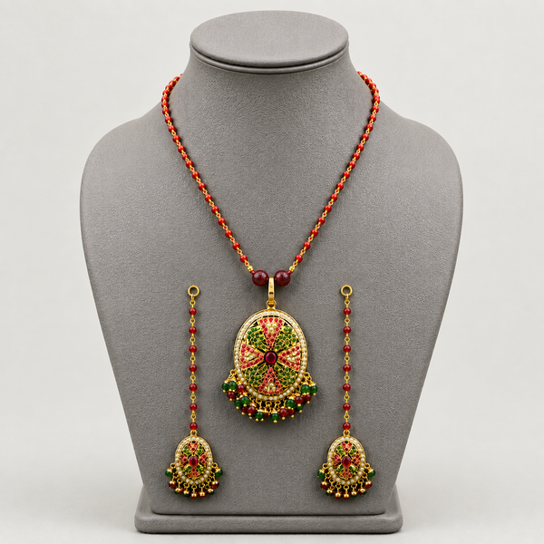 Traditional Jadau Pendant and Earring Set with Red Crystal Chain. Suitable for all occasions Wedding to daily wear