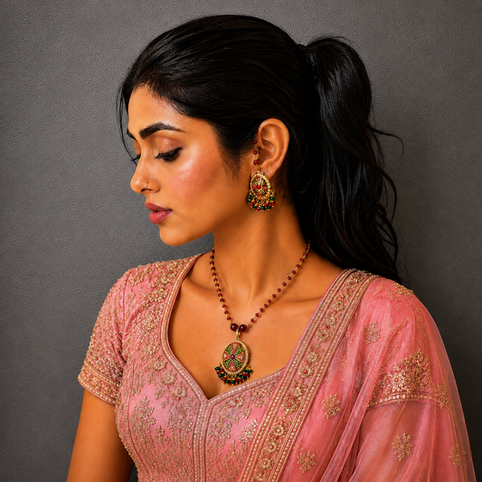Traditional Jadau Pendant and Earring Set with Red Crystal Chain. Suitable for all occasions Wedding to daily wear