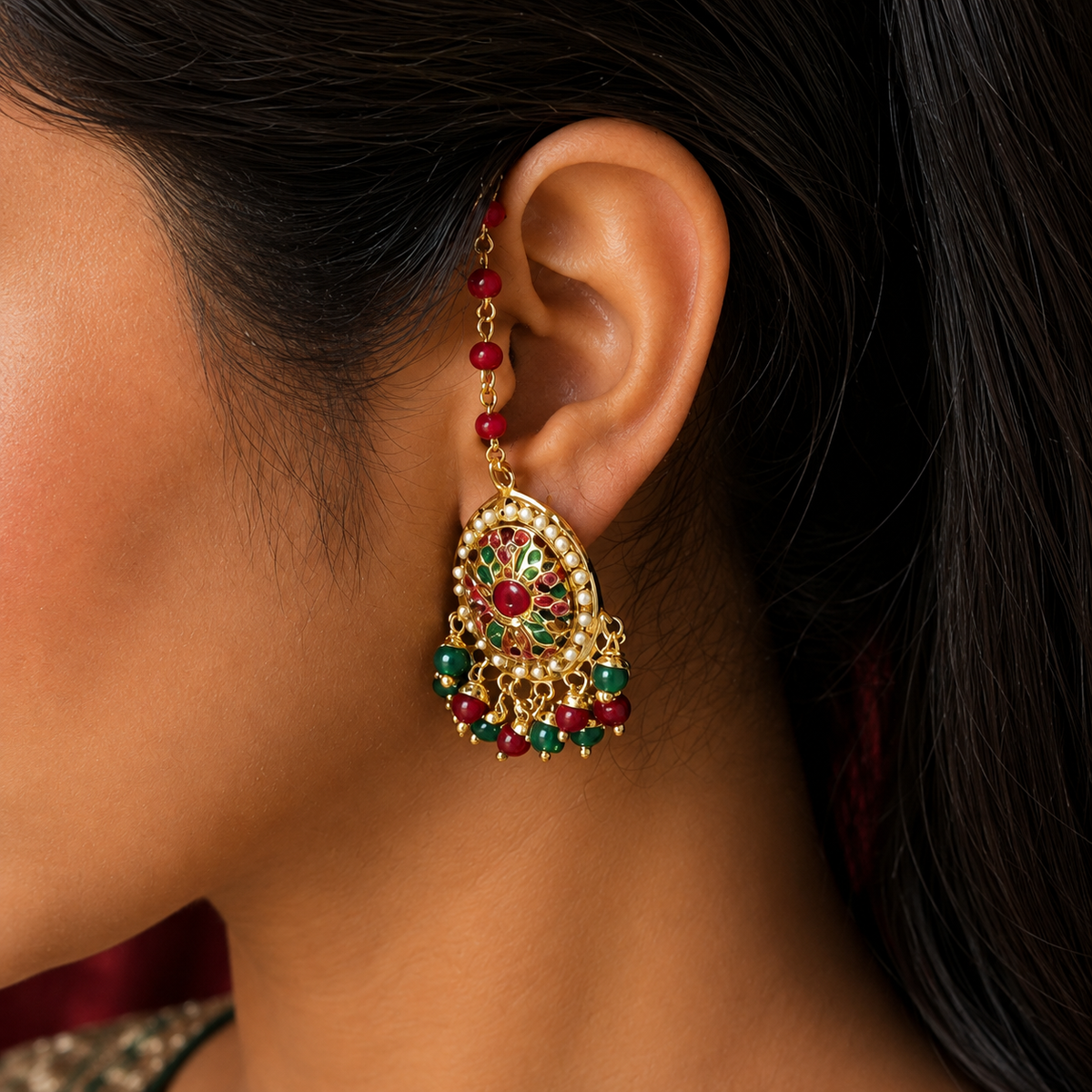 Traditional Jadau Pendant and Earring Set with Red Crystal Chain. Suitable for all occasions Wedding to daily wear