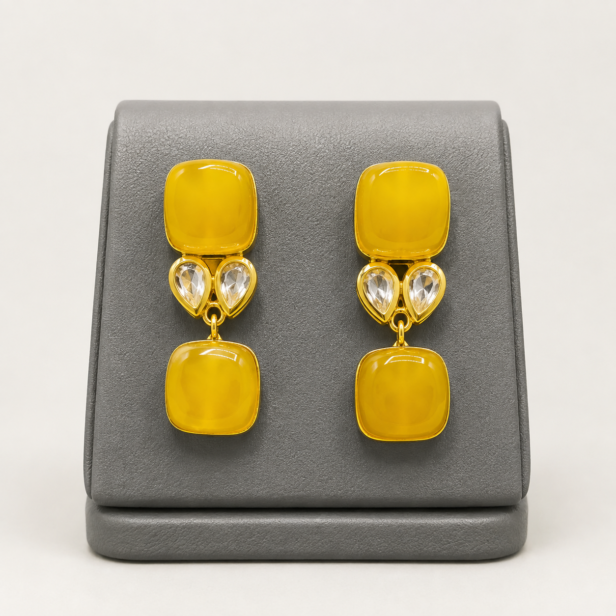 Modern Kundan & Yellow Gemstone Dangle Earrings | Gold-Tone