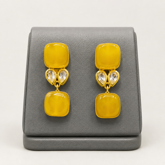 Modern Kundan & Yellow Gemstone Dangle Earrings | Gold-Tone