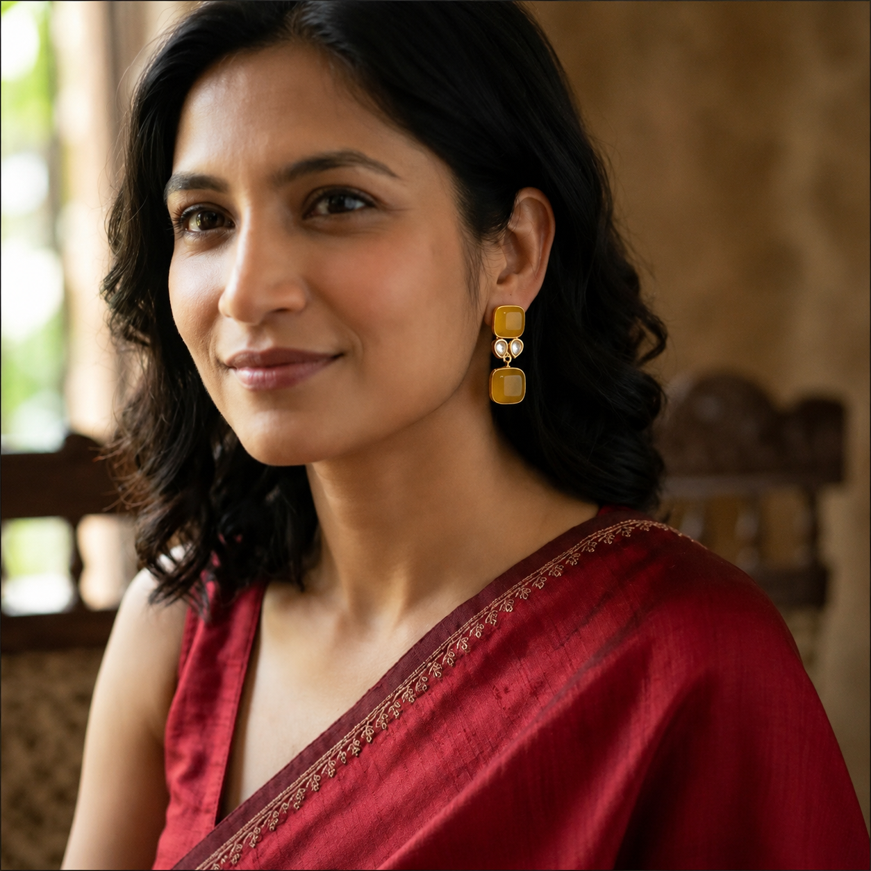 Modern Kundan & Yellow Gemstone Dangle Earrings | Gold-Tone