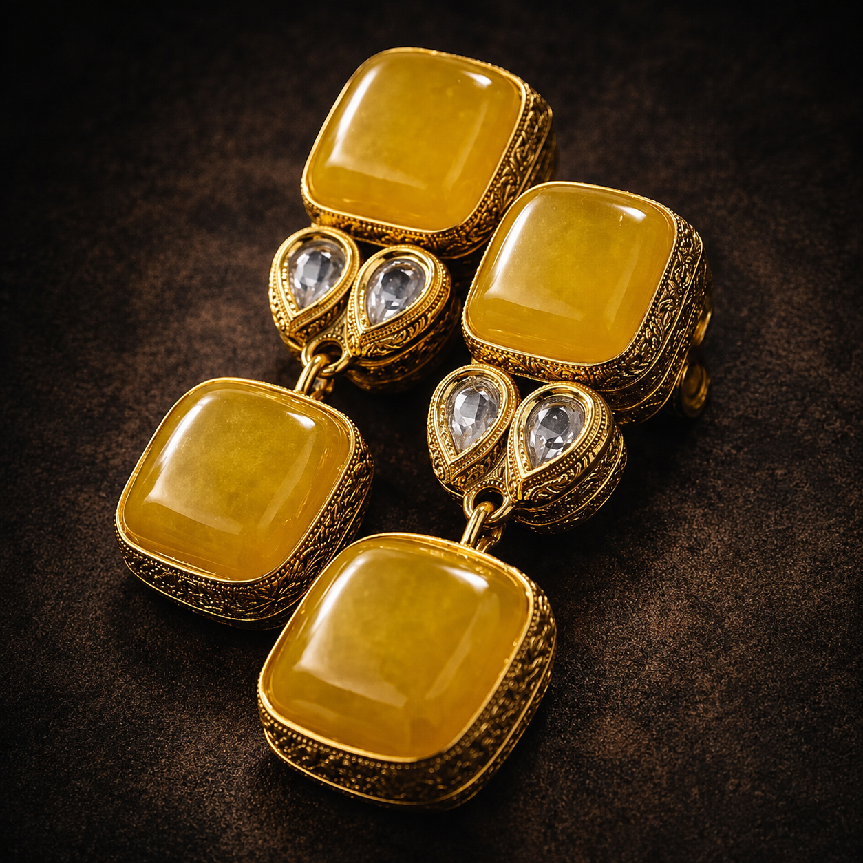 Modern Kundan & Yellow Gemstone Dangle Earrings | Gold-Tone