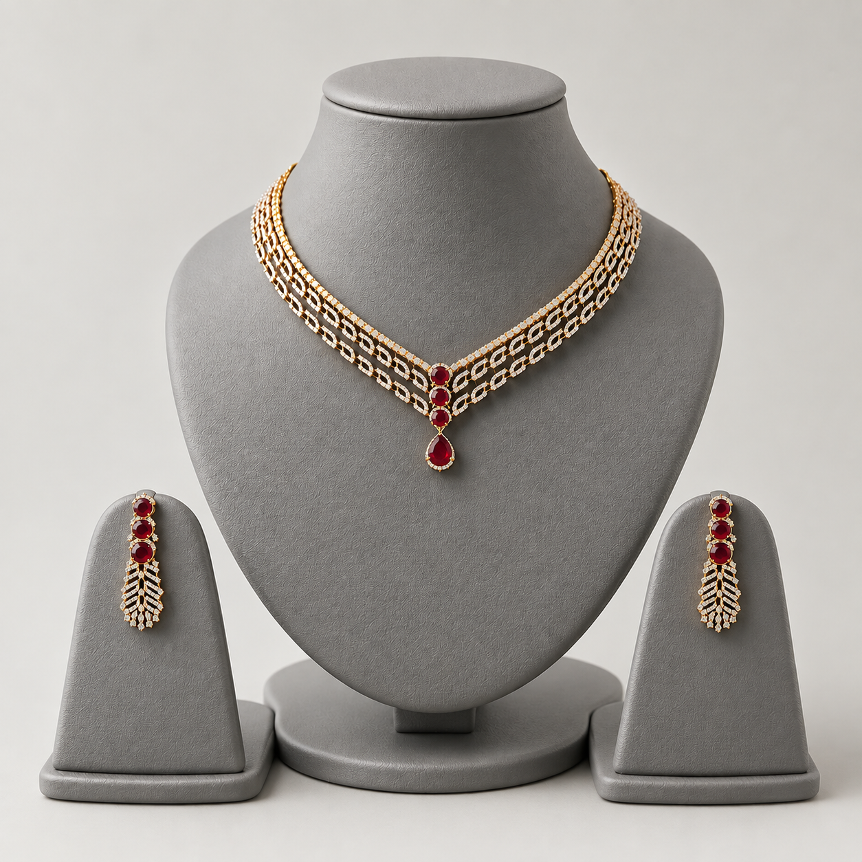 Ruby Teardrop Leaf Motif Necklace Set | Gold-Tone CZ Jewelry