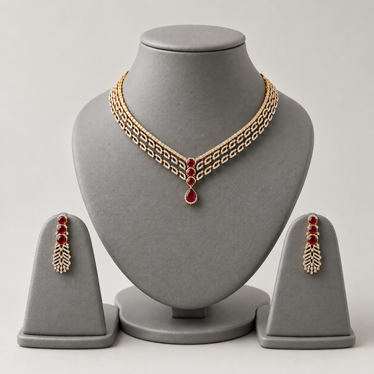 Ruby Teardrop Leaf Motif Necklace Set | Gold-Tone CZ Jewelry
