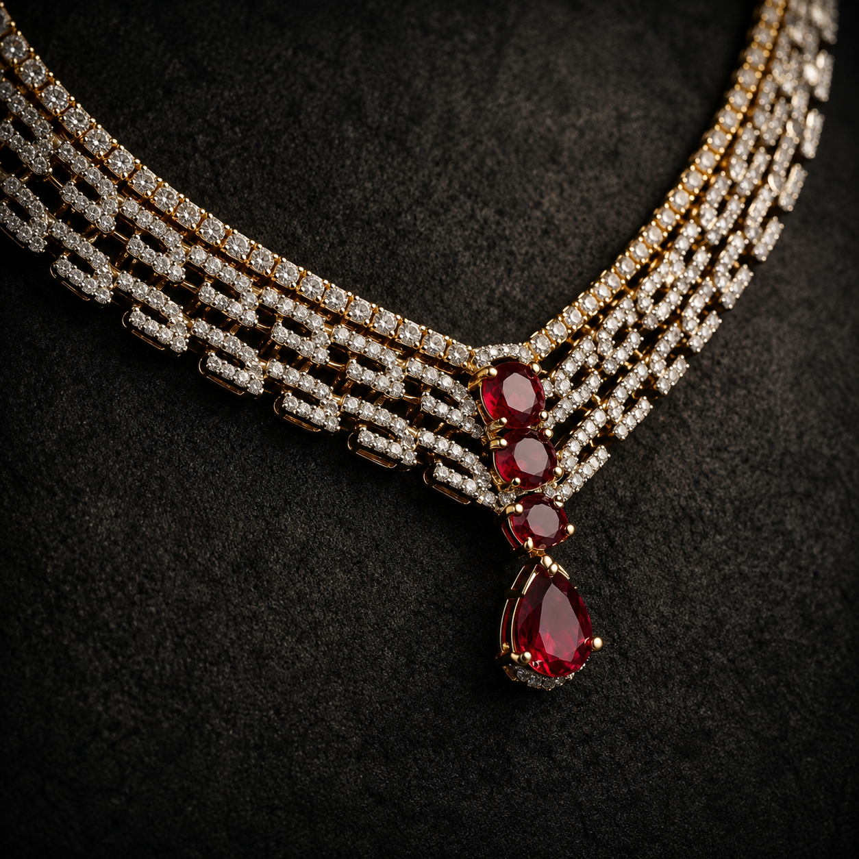 Ruby Teardrop Leaf Motif Necklace Set | Gold-Tone CZ Jewelry
