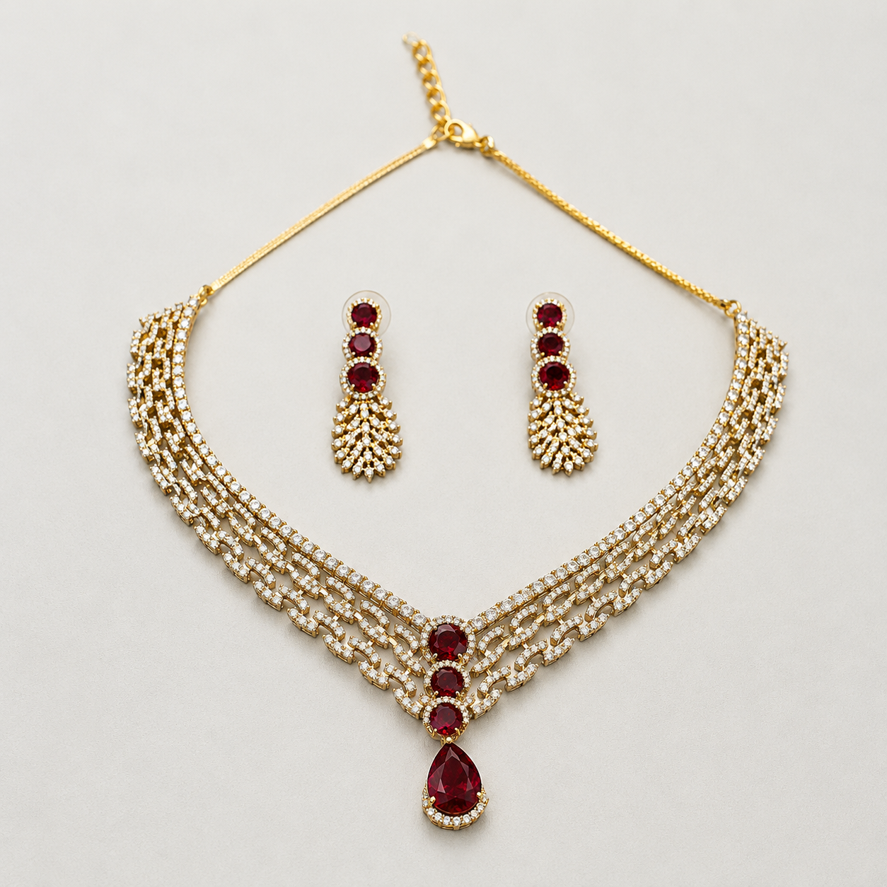 Ruby Teardrop Leaf Motif Necklace Set | Gold-Tone CZ Jewelry