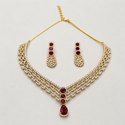 Ruby Teardrop Leaf Motif AD Necklace Set - Gold Tone