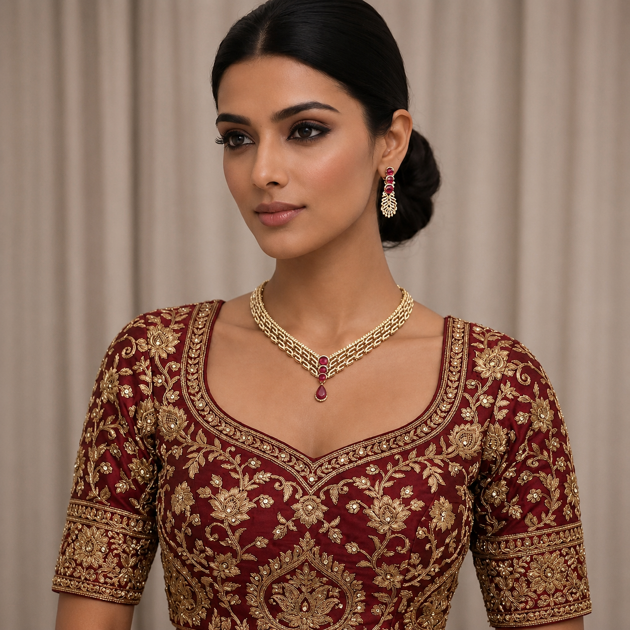 Ruby Teardrop Leaf Motif Necklace Set | Gold-Tone CZ Jewelry