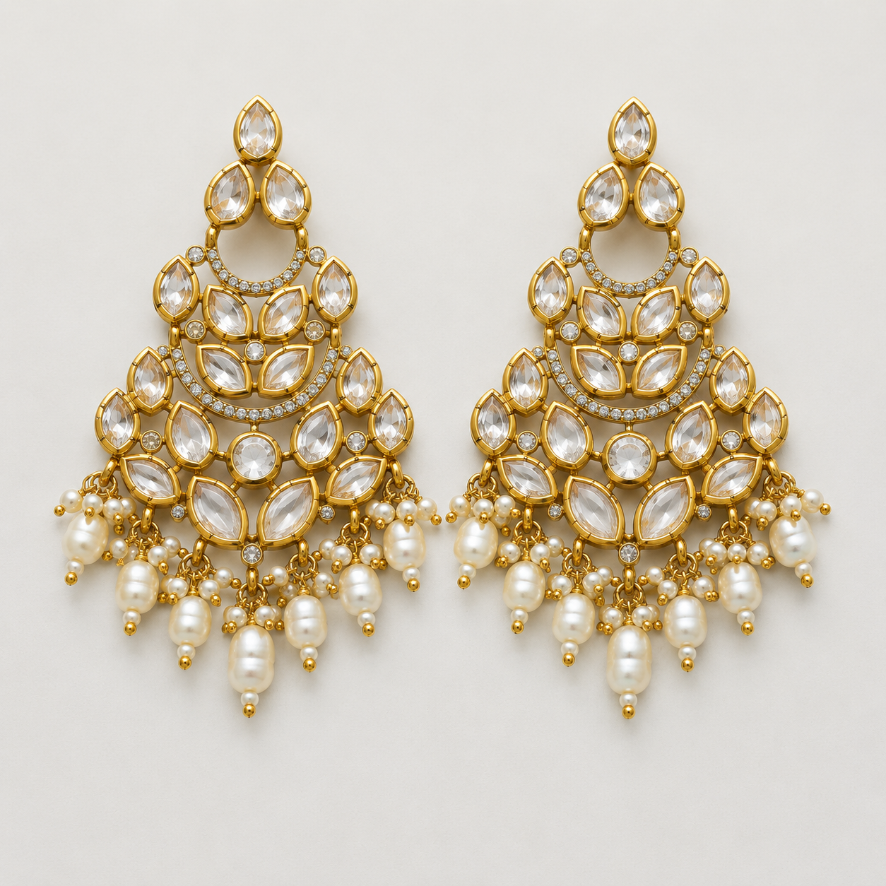 Luxury Multi-Layer Gold Plated Kundan Chandbali with Pearl Drops