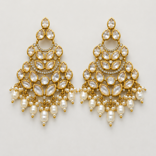 Luxury Multi-Layer Gold Plated Kundan Chandbali with Pearl Drops