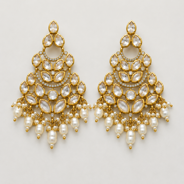 Luxury Multi-Layer Gold Plated Kundan Chandbali with Pearl Drops