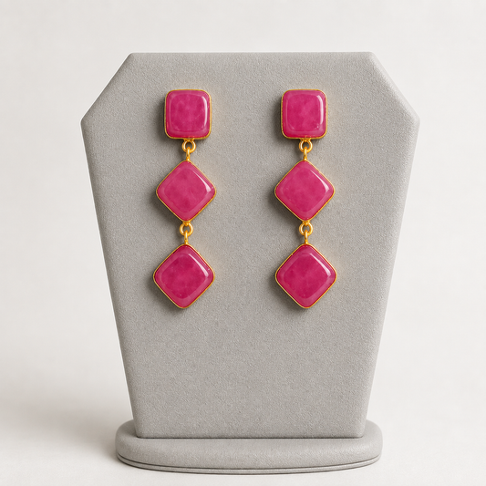Royal Pink Jade Triple Drop Earrings | Gold Geometric Statement