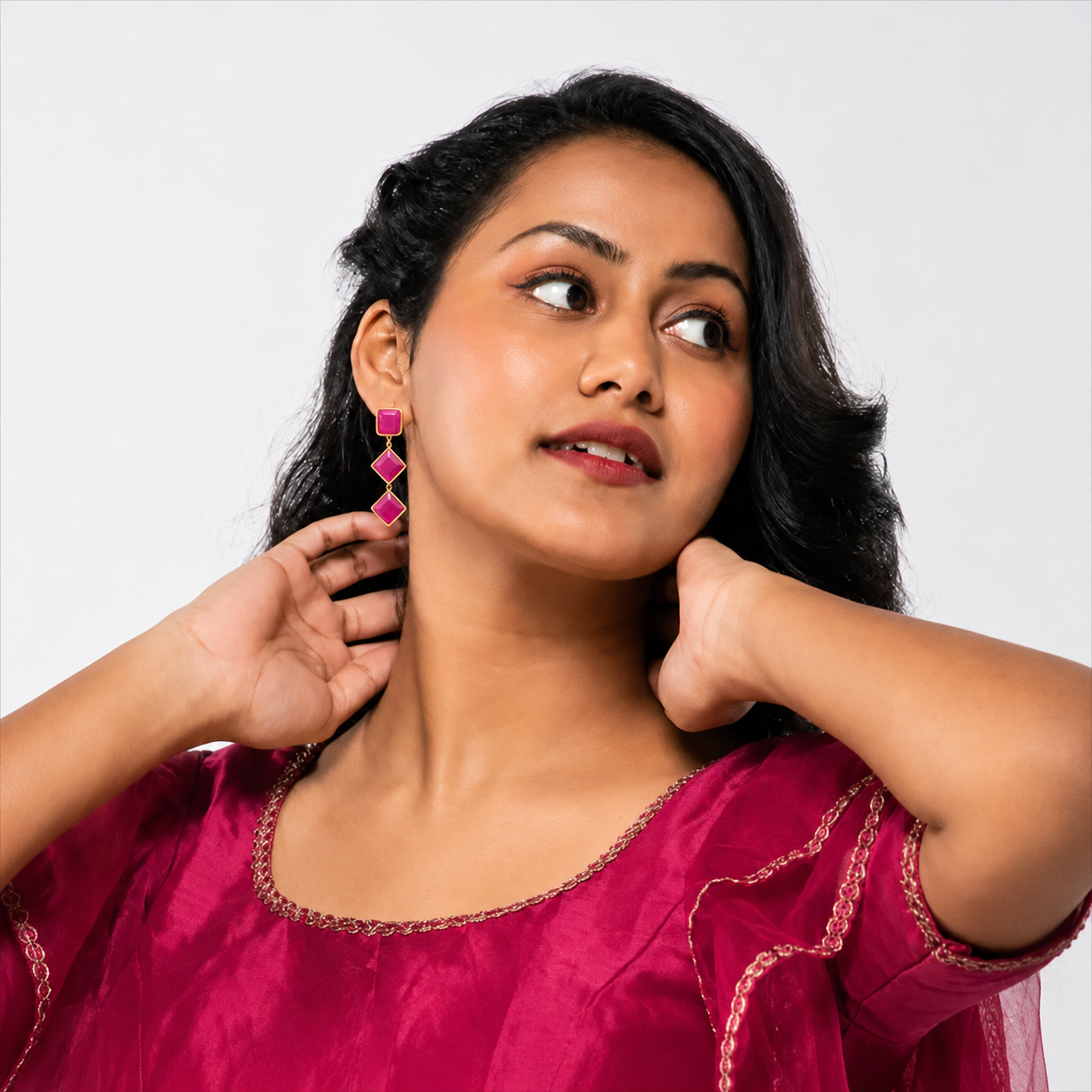 Royal Pink Jade Triple Drop Earrings | Gold Geometric Statement