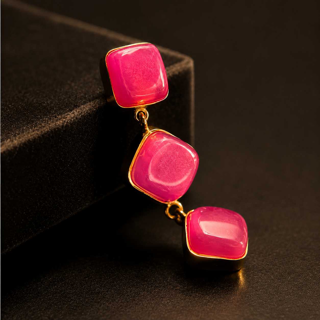 Royal Pink Jade Triple Drop Earrings | Gold Geometric Statement