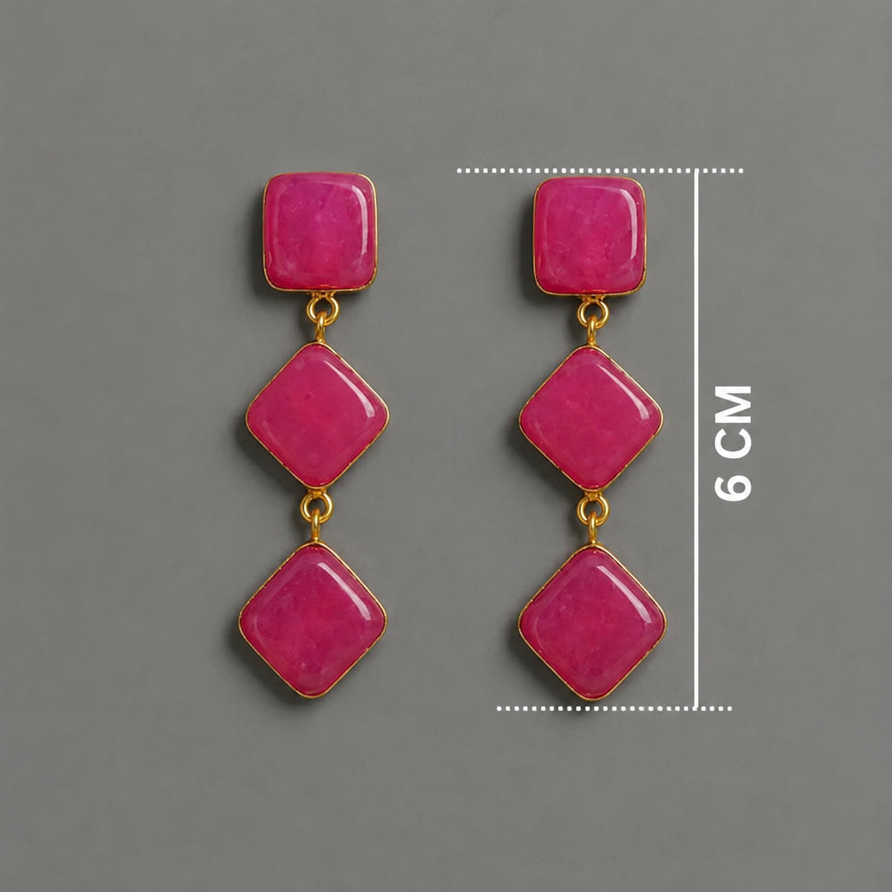 Royal Pink Jade Triple Drop Earrings | Gold Geometric Statement