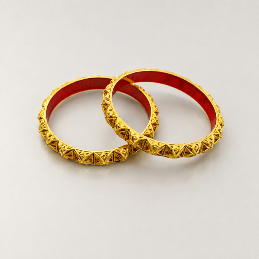 Gold Plated Textured Bangle Set with Red Meenakari - Set of 2