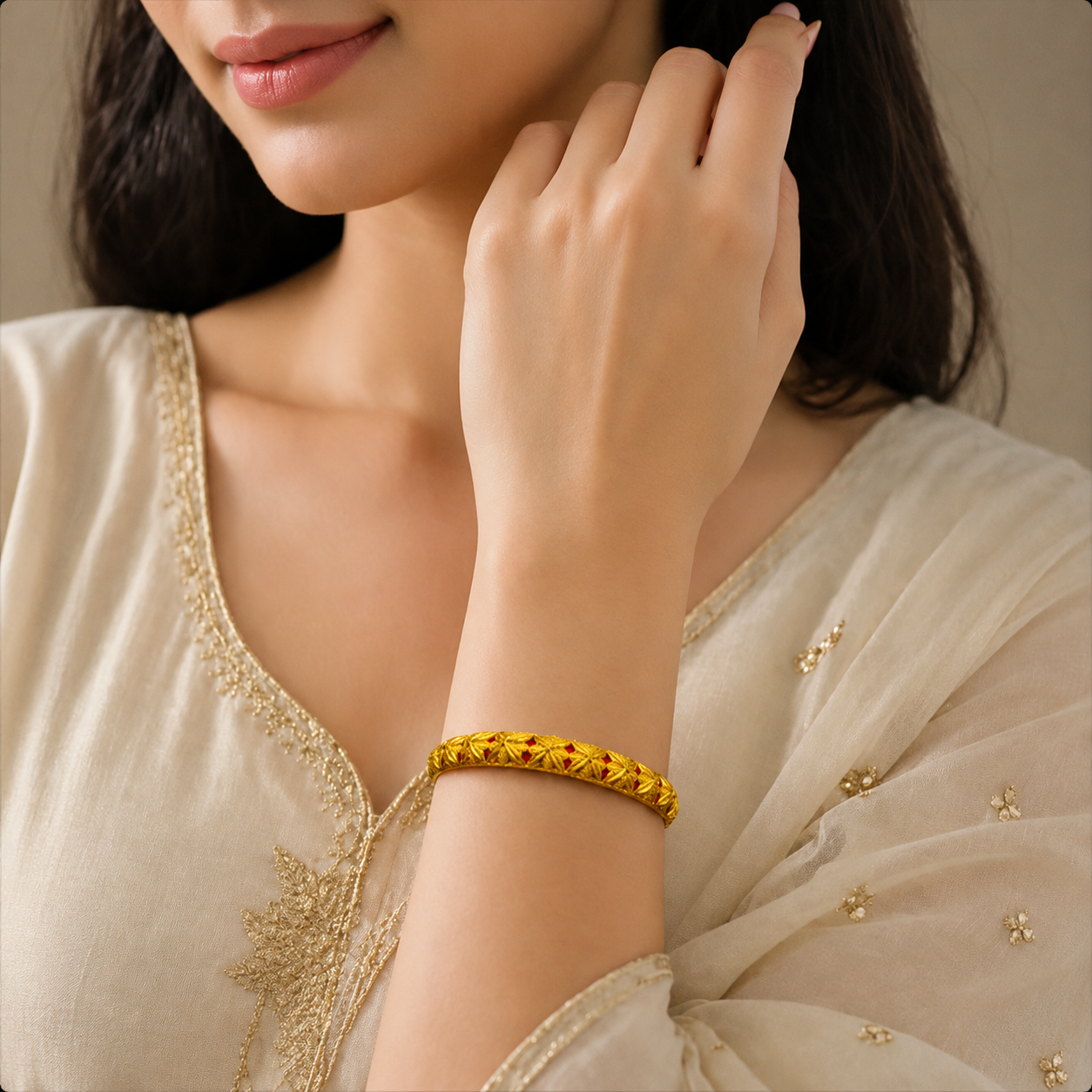 Gold Plated Textured Bangle Set with Red Meenakari - Set of 2