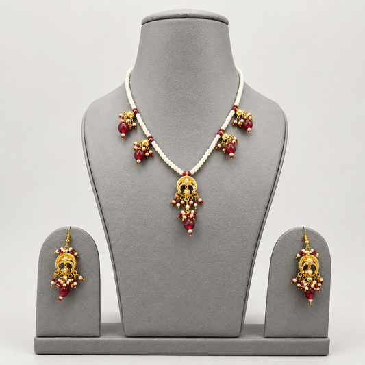 Royal Crimson Gemstone & Pearl Necklace Set | Antique Gold-Tone