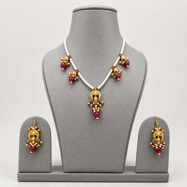 Royal Crimson Gemstone & Pearl Necklace Set | Antique Gold-Tone