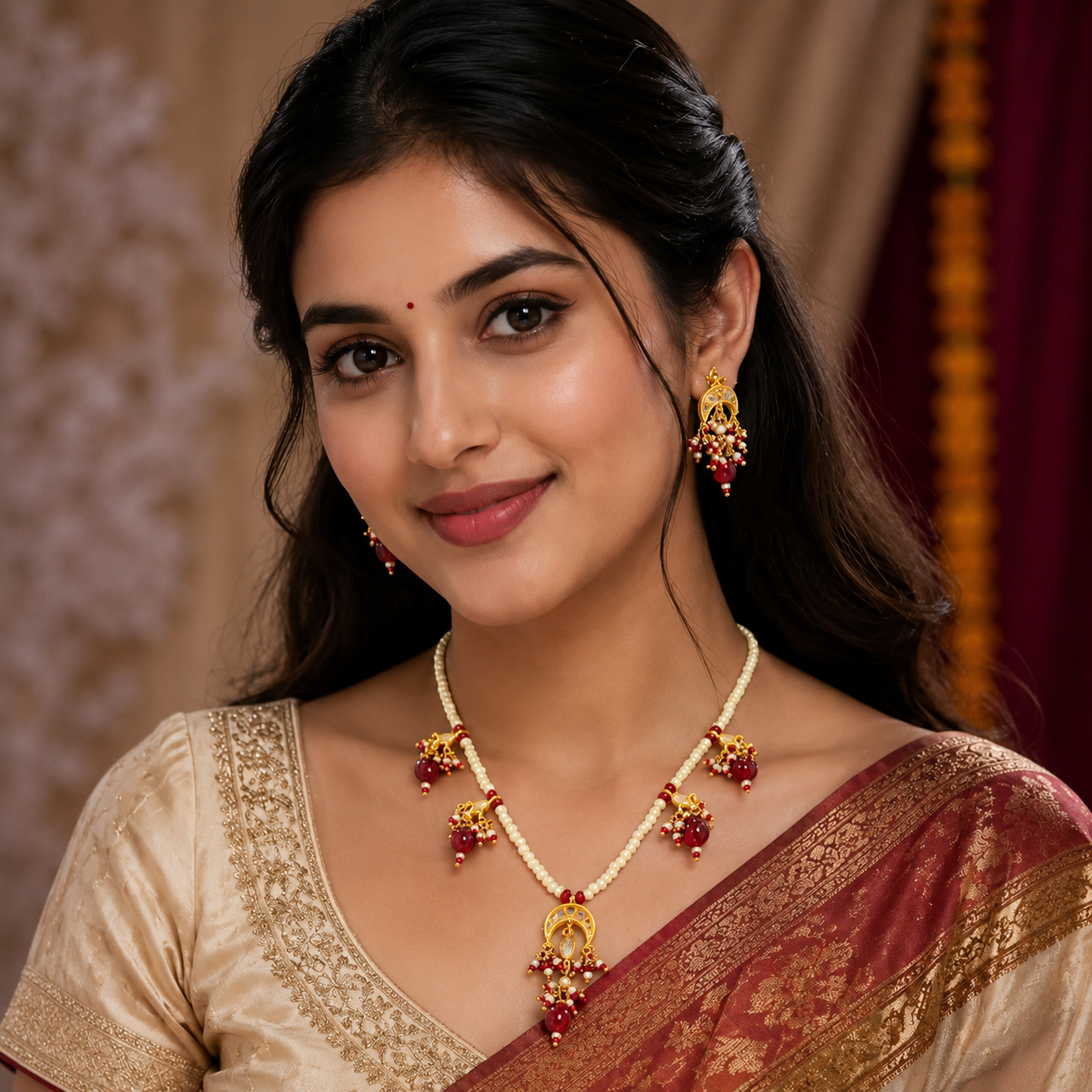 Royal Crimson Gemstone & Pearl Necklace Set | Antique Gold-Tone