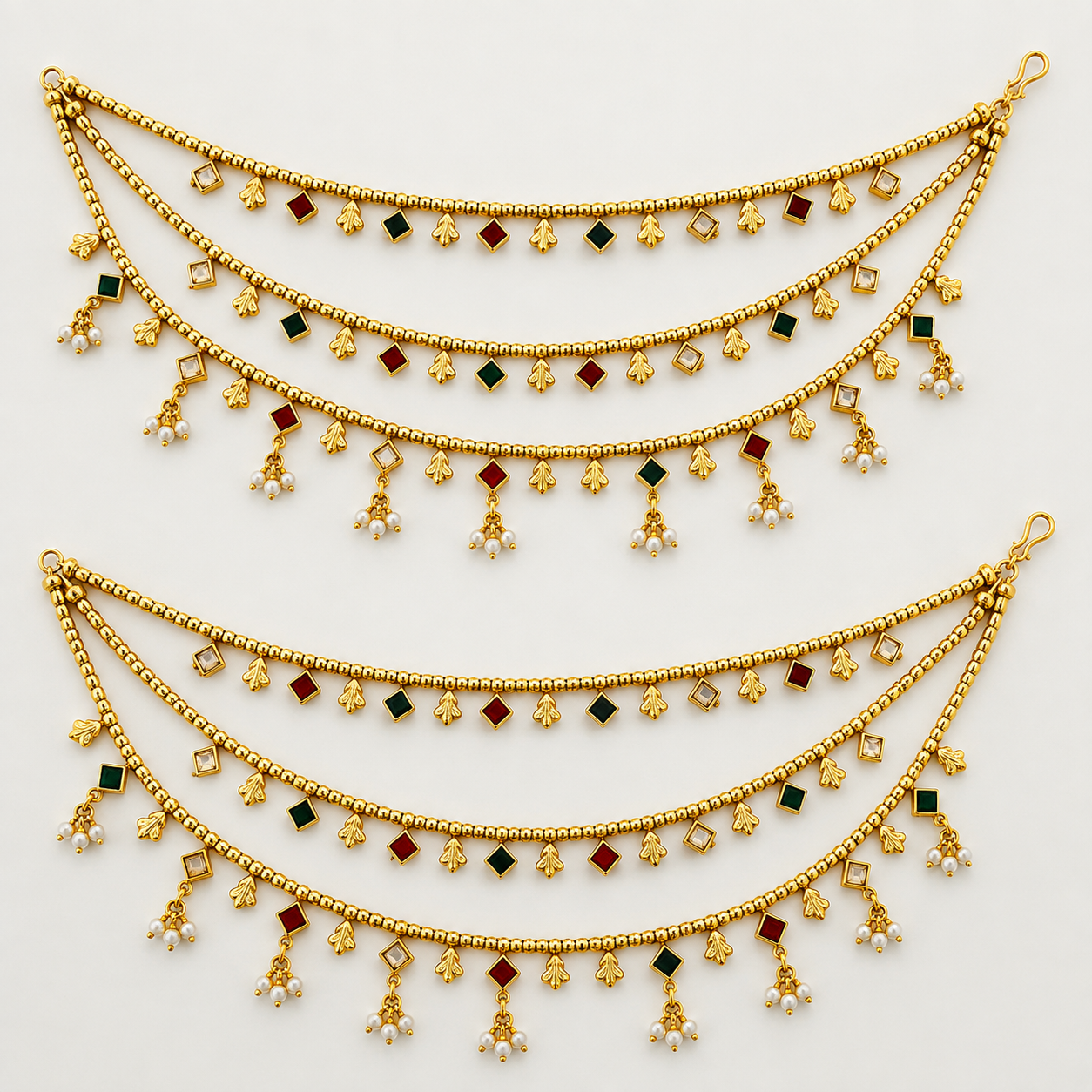 Multi-Layer Gold Plated Ear Chain with Red & Green Stones