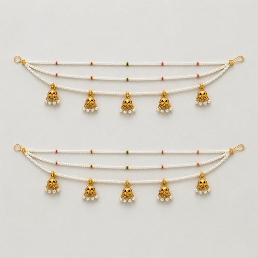 Handmade Pearl and antique jhumki Ear Chain . Ideal ear jewellery for festivals and wedding ceremonies