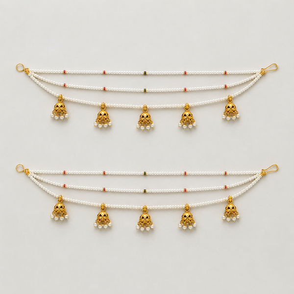 Handmade Pearl and antique jhumki Ear Chain . Ideal ear jewellery for festivals and wedding ceremonies