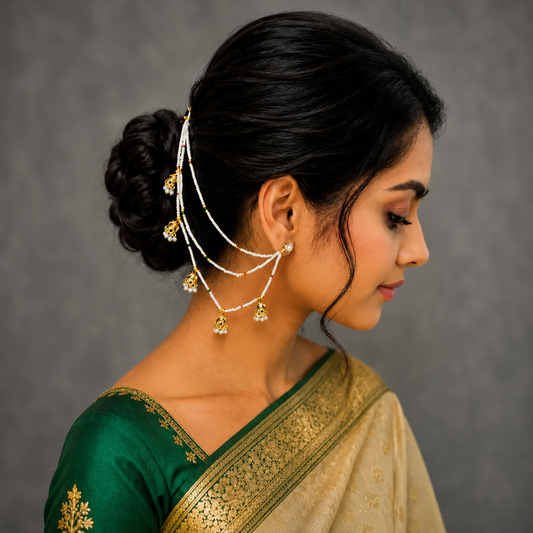 Handmade Pearl and antique jhumki Ear Chain . Ideal ear jewellery for festivals and wedding ceremonies