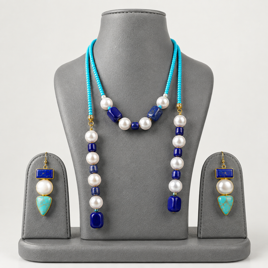 Bohemian Blue Lapis & Turquoise Lariat Necklace Set | 56-Inch