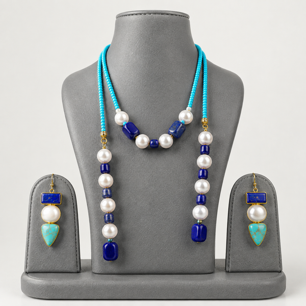 Bohemian Blue Lapis & Turquoise Lariat Necklace Set | 56-Inch