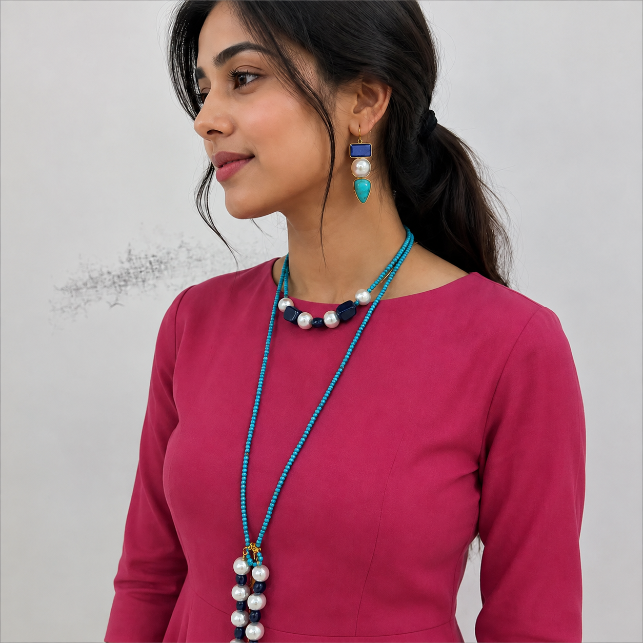 Bohemian Blue Lapis & Turquoise Lariat Necklace Set | 56-Inch