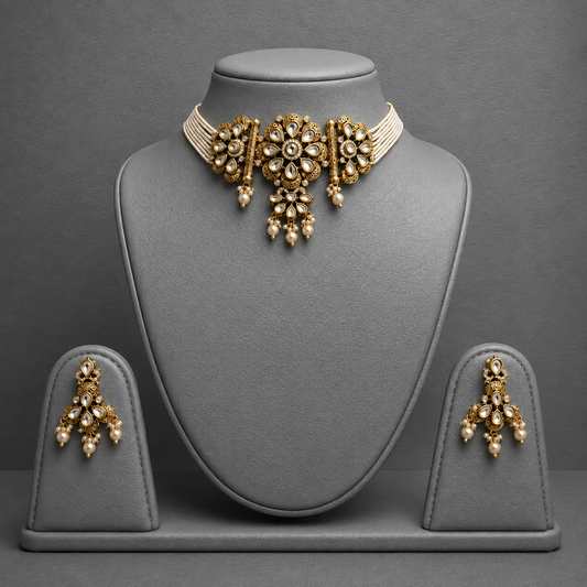 Antique Finish Kundan Pearl Choker Set | Wedding Jewelry