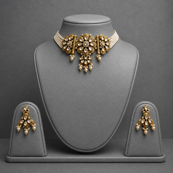 Antique Finish Kundan Pearl Choker Set | Wedding Jewelry