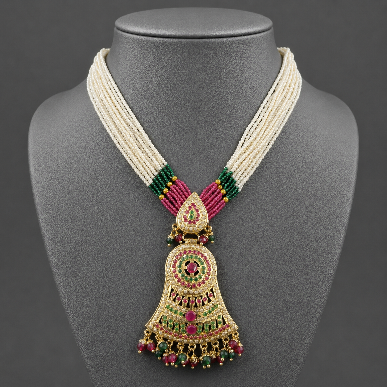 Heritage Jadau Gold Plated Necklace & Earring Set | Multi-Strand Pearls